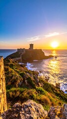 Coastal fortress at sunset.  Rocky cliffs and a watchtower overlooking the ocean bathed in golden light