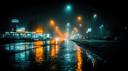 pavement. Neon light reflections on wet pavement, forming abstract patterns in a foggy and mysterious urban night. travel magazines.