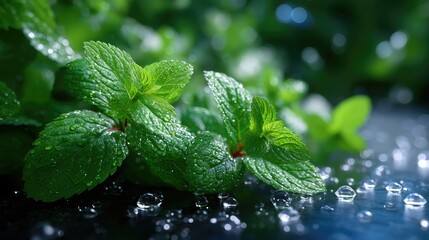Close Up of Fresh Green Mint Leaves with Water Droplets on Dark Reflective Surface in Cinematic Lighting