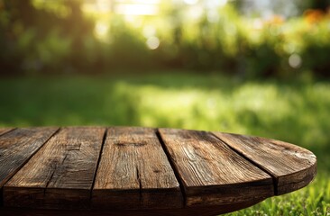 Fototapeta premium Wooden table outdoors, blurred background