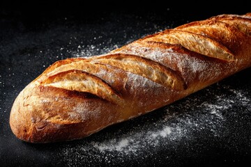 Freshly baked long loaf of bread on dark surface