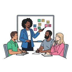 A diverse group of people in a meeting, with a woman presenting ideas on a whiteboard.