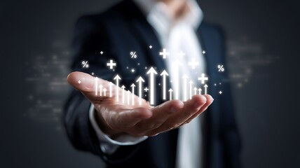 Businessman hand holding virtual glowing arrow up icon, representing business growth, financial performance, investment success and positive economic trend with percentage symbols.