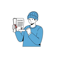 Illustration of a man holding a contract, wearing a blue beanie and sweater.