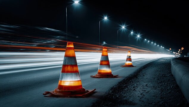 Night road closure with traffic trails - Powered by Adobe