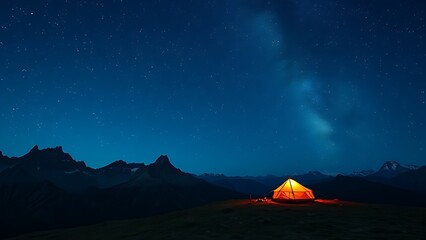 Starry mountain landscape at night with an illuminated tent under the milky way, serene and vast.