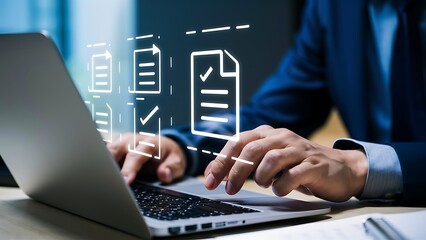 Automated document approval and quality control concept, a professional verifies and manages digital paperwork on a laptop using a smart system before final task delivery. DMS concept.