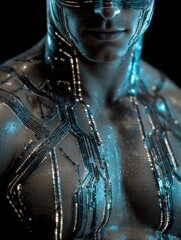 Futuristic Humanoid Figure Showcasing Intricate Metallic Patterns and Glowing Circuitry in a Dark Setting