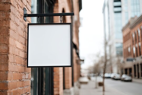 Blank storefront sign on brick building