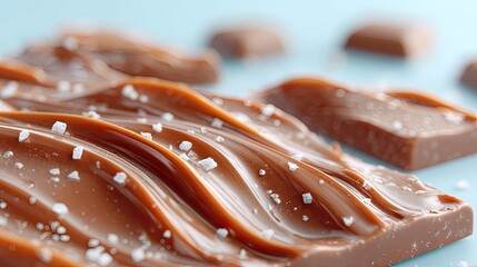 Close Up of Glossy Melted Chocolate Texture Detail with White Sugar on Light Blue Background