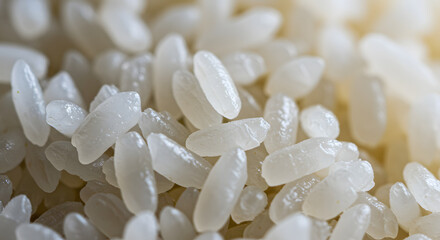 A detailed, macro shot showcases a pile of pearly white rice grains, highlighted by a soft, diffused light that brings out their subtle textures and shapes, evoking feelings of abundance and