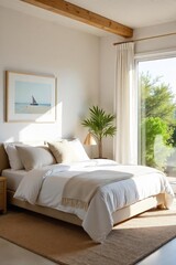 Fototapeta premium Sun-drenched California bedroom with coastal vibes Whitewashed walls, natural light, and a relaxed atmosphere create a serene space Perfect for a tranquil escape , beach, walls