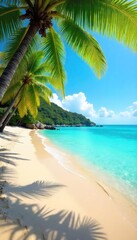 Obraz premium Sun-Drenched Beach Paradise Turquoise Waters, Golden Sands, and Swaying Palm Trees ? Perfect for Summer Travel and Vacation Marketing