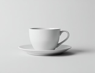 Obraz premium Simple white coffee cup and saucer on a light gray surface