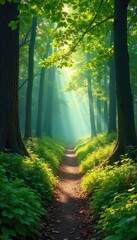 Obraz premium Sun-dappled forest path winds through lush green woods, sunlight filtering through leaves, creating a magical atmosphere Perfect for nature, fantasy, or fairytale themes , calm, mystical