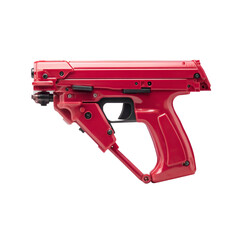 Dynamic red toy gun action studio setting product photography minimalist environment close-up perspective