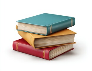 Fototapeta premium Stack of three hardback books in teal, ochre, and red, resting on a plain white background. Each book has a visible spine and gold-colored accents