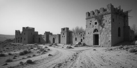 Monochrome Photography  Grayscale Image of Forgotten Desert Fortress