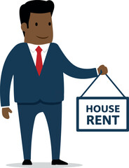 Man in suit holding house rent sign for real estate business.