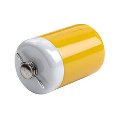 Charging action of a yellow battery studio setting product photography minimalist environment close-up viewpoint