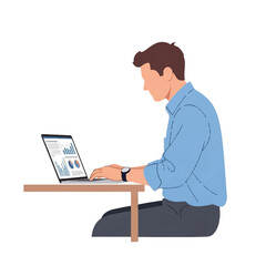 Man working on laptop, analyzing data charts.