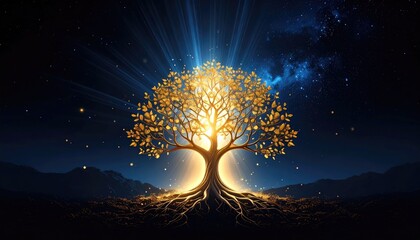 Radiant tree bursts forth from a dark landscape under a starry sky, bathed in bright golden light emanating from its core and canopy