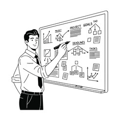 Businessman presenting project plan on interactive whiteboard, showing project goals, deadlines, and tasks.