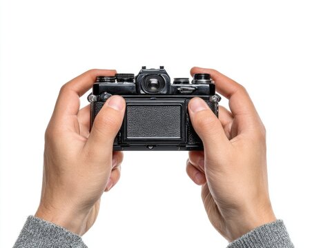 Hands holding a vintage camera