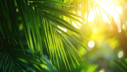 Obraz premium Close-up of vibrant green palm leaves, illuminated by a bright, golden sunlight creating bokeh highlights in the background
