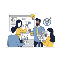 A diverse business team collaborates on a project, brainstorming ideas and analyzing data with charts and diagrams in a modern office.