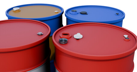 3D rendering of red, blue, and yellow industrial barrels on a pallet, top view, representing oil drums and chemical storage containers.