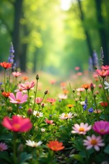 Obraz premium A vibrant, lush spring bursting with wildflowers, emanating a sense of renewal and healing energy Perfect for concepts of rebirth, wellness, and natural remedies , sunshine, healing