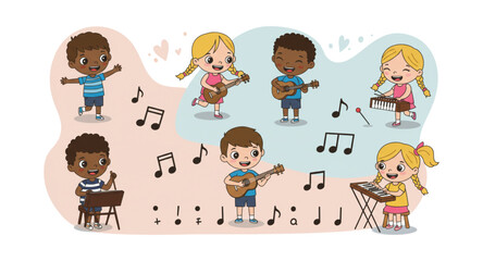 Vector illustration of children playing musical instruments