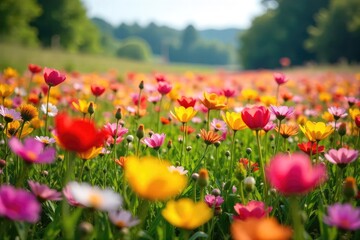 Fototapeta premium A vibrant field overflowing with a multitude of colorful flowers in full bloom, a breathtaking display of nature's artistry Perfect for spring, summer, or floral themes , floral pattern, vibrant