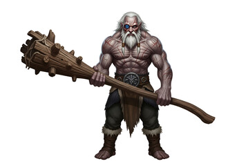 Fototapeta premium A powerful, muscular figure wields a spiked wooden club, showcasing detailed tribal markings and a single eye, against a dark backdrop.