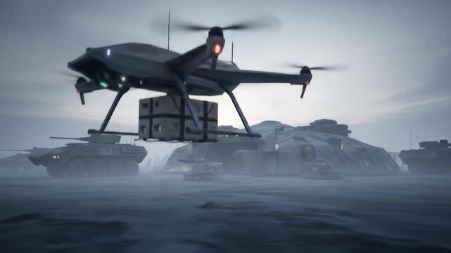 Drone delivering supplies near military base with tanks in snow; technology concept showing army and drone use.
