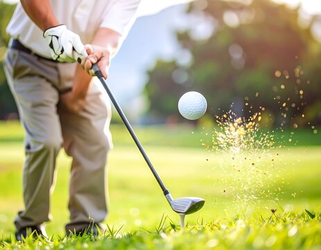 Golfer hitting golf ball on fairway