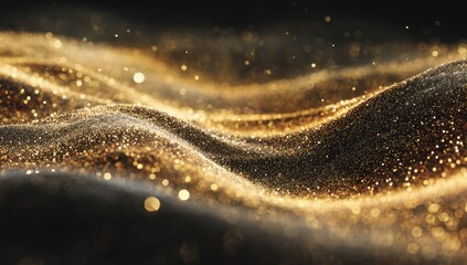 Abstract gold particles in wavy motion against a dark background