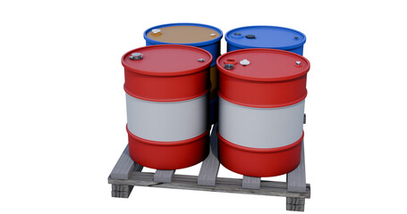 Industrial metal drums in red, blue, and yellow colors, arranged on a wooden pallet and viewed from above. This image represents oil drums, petroleum storage, and petrochemical containers