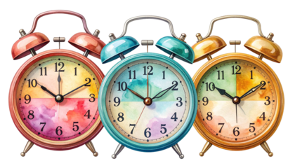 Set of Vintage Colorful Alarm Clocks, Transparent PNG