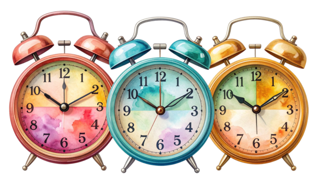 Set of Vintage Colorful Alarm Clocks, Transparent PNG