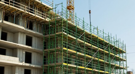 New residential building under construction with extensive green scaffolding and a crane operating on the development site