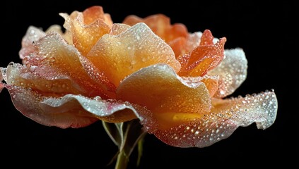 Close-up of an orange and peach rose, covered in water droplets, against a black background