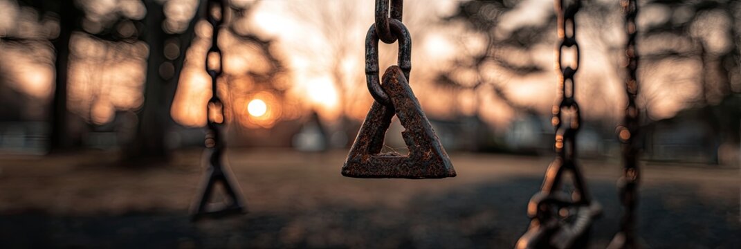 Rusty swing set chain link at sunset