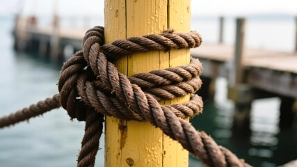 Secure your brand with this close-up of a weathered rope tied around a wooden pier post, a symbol of stability and connection, perfect for nautical themes and steadfast solutions