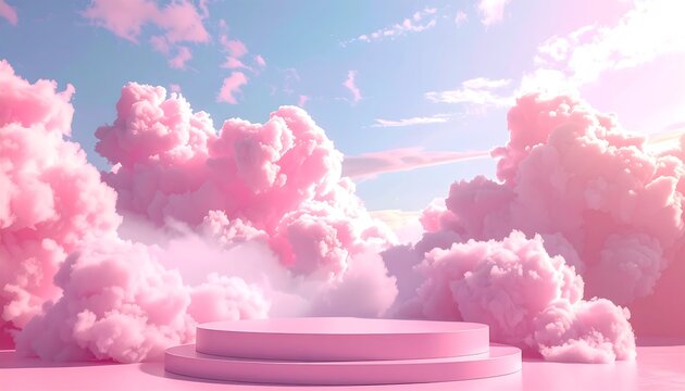 Pastel pink cloud scene with a platform