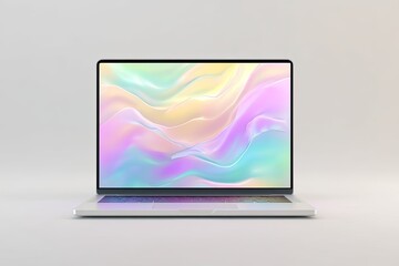 Modern laptop with pastel holographic screen
