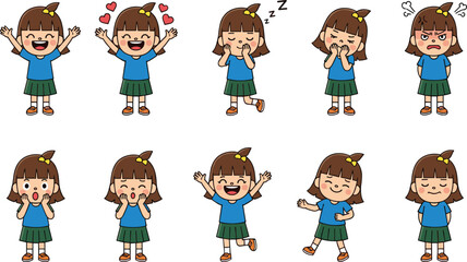Cute cartoon girl emotions set, happy smiling, angry child, surprised expression, love emotion, sleeping character, kids feelings, school girl illustration