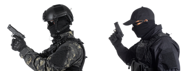 Tactical Soldier in Black Uniform and Mask Holding a Gun on White Isolated Background in Studio Lighting