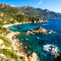 Fototapeta premium Pristine Mediterranean cove nestled amidst rugged hills. Lush vegetation borders a rocky shoreline, turquoise waters, and small boats dot the bay